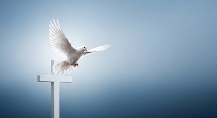 White dove flying with bright light from behind a christian cross. Concept of peace, religion, and freedom. Symbol of holy spirit