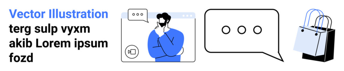 Man thinking on web interface, speech bubble for communication, shopping bags for retail. Ideal for online shopping, customer support, e-commerce platforms, digital marketing, retail, communication
