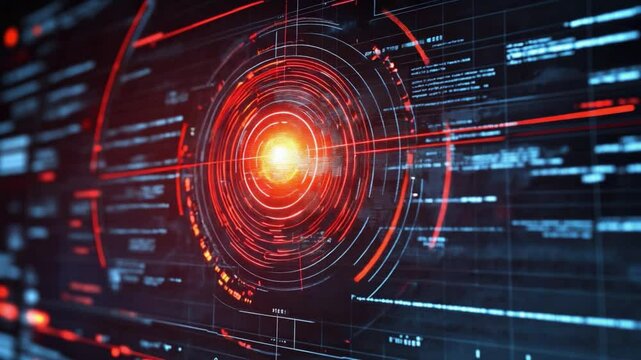 Futuristic Digital Interface: A high-tech, computer-generated image of a futuristic digital interface, featuring a glowing central point surrounded by intricate data visualizations, lines.