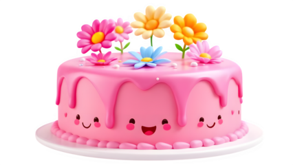 A charming pink cake with a happy cartoon face and colorful flowers, sitting on a white plate and isolated on a transparent background