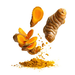flying turmeric and half slices isolated