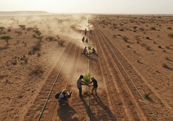 Desert reforestation project shows people planting trees along a line in the arid landscape, symbolizing environmental conservation.