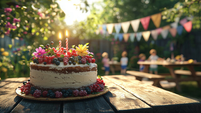 Celebrate a joyful birthday party with a decorated cake and playful children