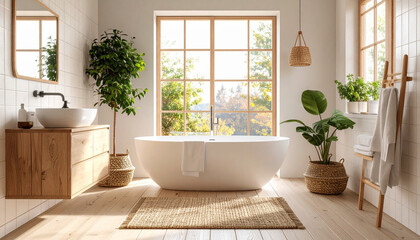 Bright Modern Bathroom Interior with White Bathtub and Clean Tiled Walls

