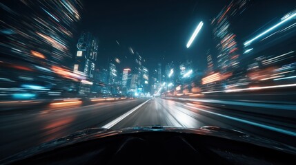 Fototapeta premium Night city driving fast speed blurry lights