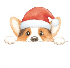 Adorable Corgi in Santa Hat Peeking Over White Banner, Watercolor Style Christmas Cheer
