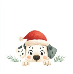 Adorable Dalmatian pup in a Santa hat peeks over greenery, a charming watercolor Christmas clipart image.