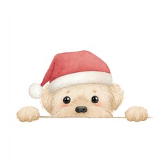 Adorable watercolor clipart of a fluffy dog wearing a Santa hat, peeking over a white surface, Christmas spirit.