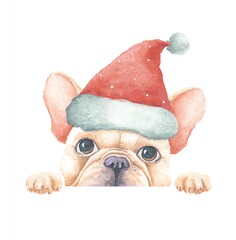 Adorable French Bulldog in Santa Hat, peeking over a white banner, festive watercolor artwork.