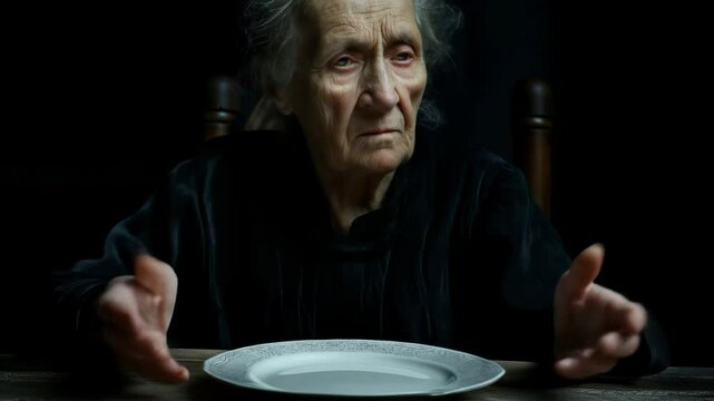 Old woman with sad face holding empty plate looking for help. Hunger, poverty, and elderly care concept. Footage.
