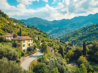 Beautiful, winding asphalt road in the green forest with mountains and clouds in the background, northern Italy. A scenic highway for car travel through the natural landscape of the Alps. Restaurant C