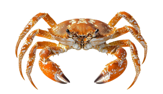 Crab with orange and white pattern stands isolated on a transparent background.