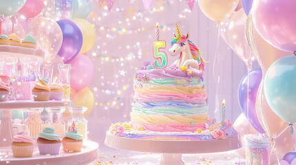 Colorful unicorn-themed birthday celebration for a five-year-old