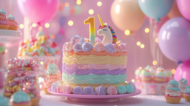 Colorful unicorn cake celebrates a child's first birthday party