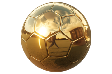 Golden Soccer Ball Gleaming with Reflections of a Dynamic Outdoor Scene, Showcasing a Player and a Building Bathed in the Warm Glow of the Setting Sun