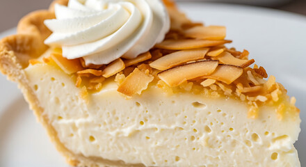 Delicious slice of coconut cream pie adorned with toasted coconut flakes and whipped cream topping for a sweet treat.