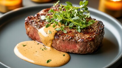 Delicious Plate of Savory Meat with Rich Sauce Garnished with Herbs