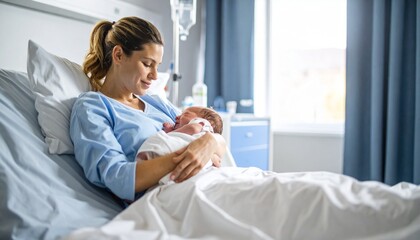 Obraz premium 出産直後の母と赤ちゃんの愛情シーン