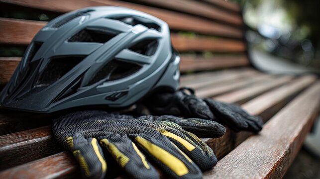 Close-up of modern bike safety helmet and gloves laid out on wooden bench