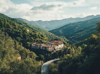 Beautiful, winding asphalt road in the green forest with mountains and clouds in the background, northern Italy. A scenic highway for car travel through the natural landscape of the Alps. Restaurant C