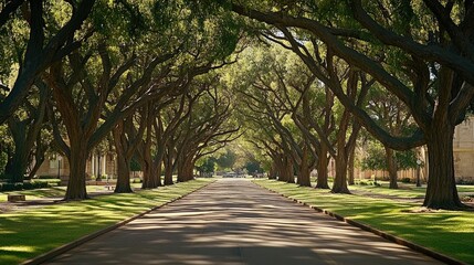 Obraz premium A tree-lined avenue stretches through a park-like setting.