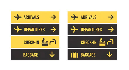Fototapeta premium Isolated Airport Signage Vector Set. Black and Yellow Directional Icons for Arrivals, Departures, Check-in, Baggage. isolated PNG with Transparent Background