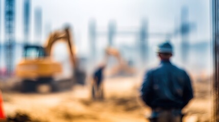 Fototapeta premium Blurred construction site background with worker in foreground