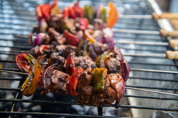 Marinated lamb kebabs cooking on a barbecue grill, skewered with red and green peppers and red onion—vibrant, smoky, and full of flavour.