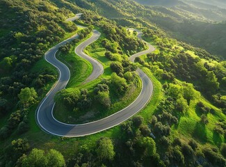 Beautiful, winding asphalt road in the mountains, with a green forest and meadow in the background. Summertime. Beautiful natural landscape of northern Italy. Panorama. Stock photo contest winner, pho