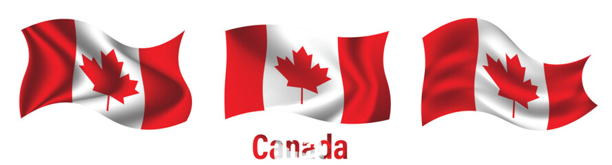 Set of Canada waving flag on isolated background vector illustration. 3 Canadian wavy realistic flag as a symbol of patriotism