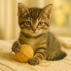 Naklejka premium Adorable Tabby Kitten Playing with Yarn on Cozy Blanket – International Cat Day Pet Scene