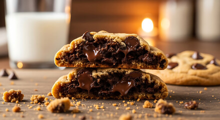 A delectable chocolate chip cookie is halved, showcasing its gooey, melted chocolate center, alongside a glass of creamy milk.