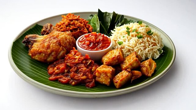 Roasted chicken, tempeh, rice, and sauce on a banana leaf plate