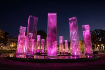 Colorful illuminated glass structures in a public park at night, showcasing vibrant pink hues and reflections in water, creating a captivating urban art installation experience
