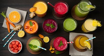 Overhead shot of an elegant and colorful assortment of fresh juices on a dark rustic wooden table. 