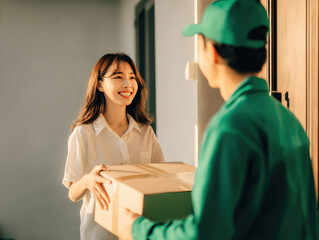 Fototapeta premium asian woman receives package from delivery person, both smiling in warm setting. scene captures moment of joy and connection during delivery