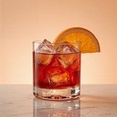 "Realistic Illustration of a Cocktail with Ice and Orange Wedge Garnish in a Lowball Glass"