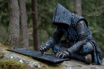 Individual in a dark hooded cloak with intricate blue designs is creating digital art on a futuristic tablet while seated on a rock in a serene forest environment