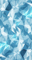 Abstract polygonal background features shades of blue and white with a crystalline, geometric design that evokes ice and winter.