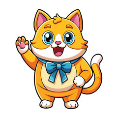 Cute cartoon orange cat with a blue bow, waving