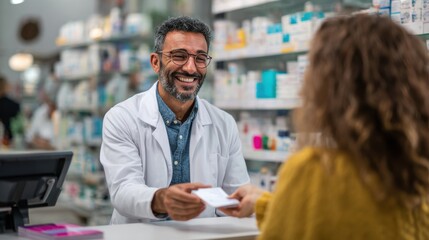 Friendly pharmacist handing prescription to customer across