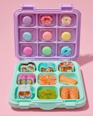 Colorful assortment of sushi and sweets in a divided lunch box against a pink backdrop