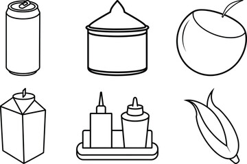 Kitchen Essentials and Sauce Bottles Line Art Vector – Canister, Ketchup, Tomato, Corn – Outline Clipart Icons