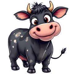 Fototapeta premium A cute and friendly cartoon cow stands with a big smile, featuring large eyes, horns, and black and white spots isolated on transparent background