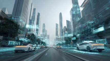 Fototapeta premium Futuristic smart city with autonomous vehicles and digital holograms