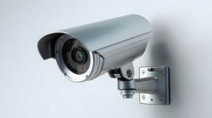 A digital home security camera mounted on a white background