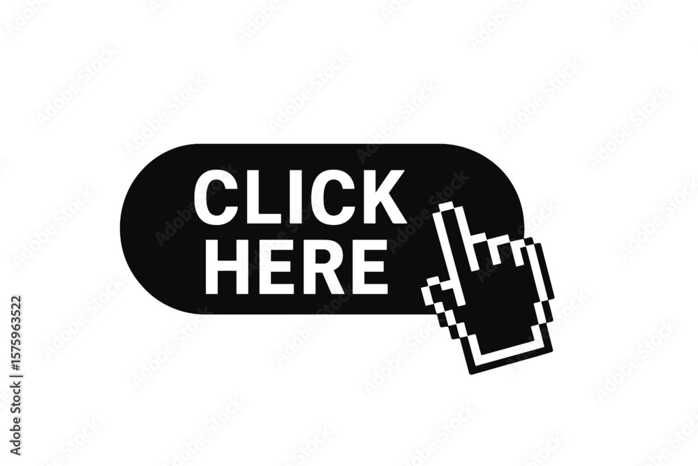 Fototapete click here button with pixel hand cursor pointer. call to action web element. website navigation con