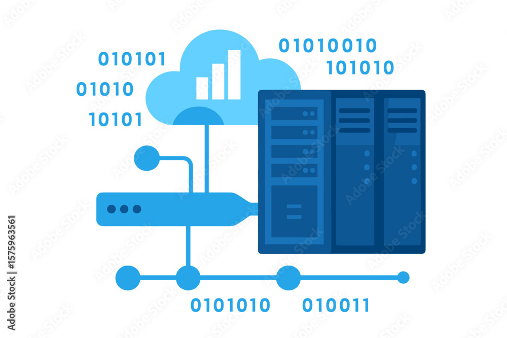 Poster cloud data storage and network technology concept. online cloud computing with server cabinets. memo