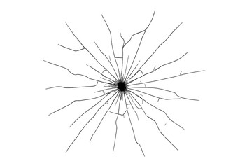 Cracked glass on transparent background. Realistic shattered window effect. Bullet hole impact, broken surface texture. Destruction, damage, and fracture vector illustration.