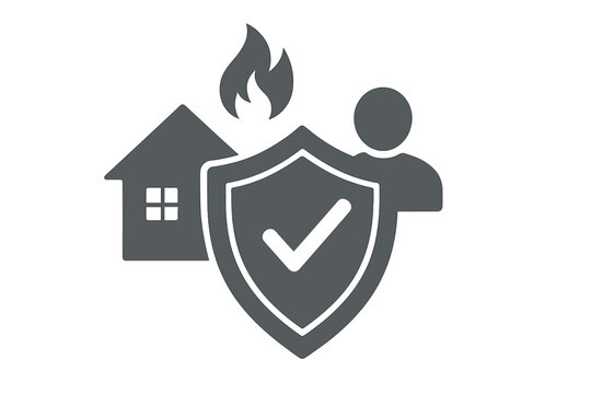 Home and life insurance concept. Property protection and security from fire damage or accidents. House, person and shield with checkmark icon. Vector symbol for safety policy.